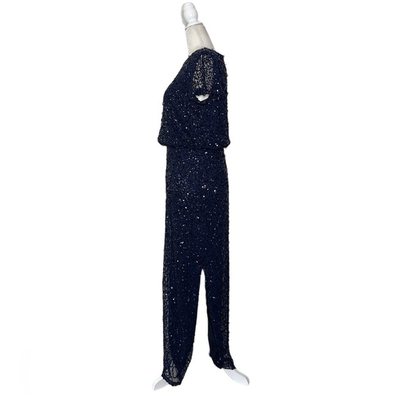 Adrianna Papell | Navy Sequin Dress with Short Sleeves & Side Split - Picture 5 of 13
